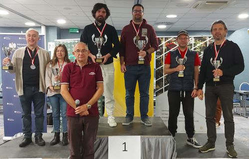 Podium Mistrzostw Polski Par na impy Giorgi Zedginidze - Paulina Klimentowska (srebro), Maciej Kędzierski - Roman Madej (złoto), Krzysztof Kotorowicz - Michał Błach (brąz), Adam Brodowski prezes MZBS